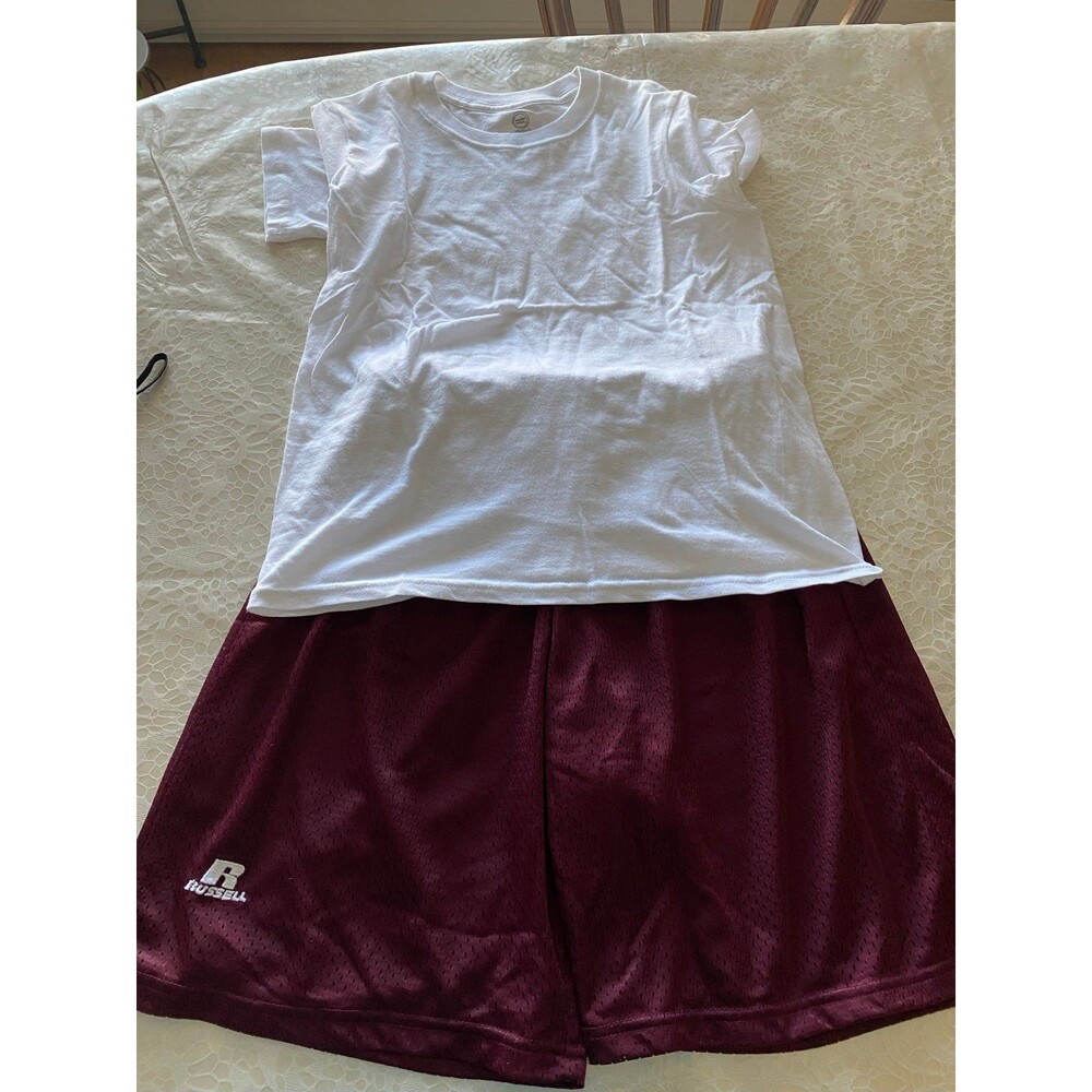 Athletic shorts set XL youth Russel Polysterburgundy shorts and 100 cotton shirt